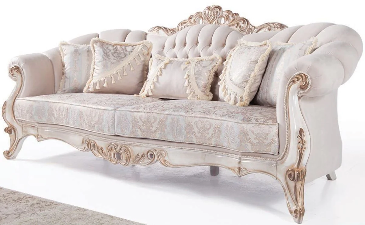 Casa Padrino sof¨¢ de sal¨®n barroco de lujo con cojines gris claro / blanco / bronce antiguo 243 x 89 x A. 106 cm - Muebles Barrocos