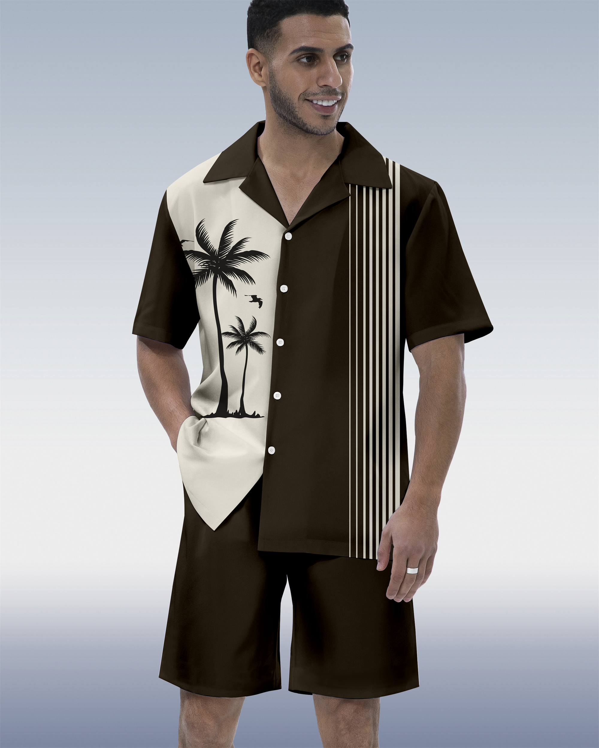Men's Hawaiian Tiki Party Print Cuban Collar Short Sleeve Shirt Set 03