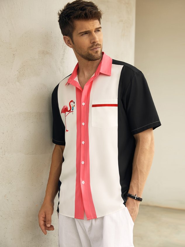 Flamingo Chest Pocket Short Sleeve Bowling Shirt