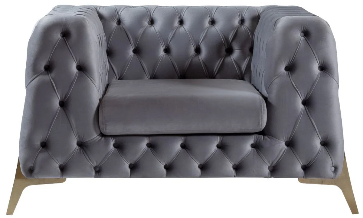 Casa Padrino sill¨®n de terciopelo Chesterfield de lujo gris / lat¨®n 125 x 95 x A. 81 cm - Sill¨®n de sal¨®n moderno - Muebles Chesterfield