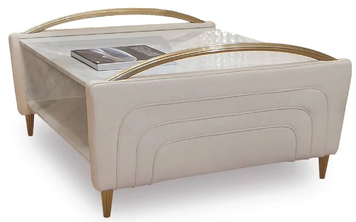 Casa Padrino mesa de centro de lujo blanco / marfil / oro - Mesa de sal¨®n cuadrada con m¨¢rmol italiano de Carrara y piel genuina - Muebles de sal¨®n - Calidad de lujo - Hecho en Italia
