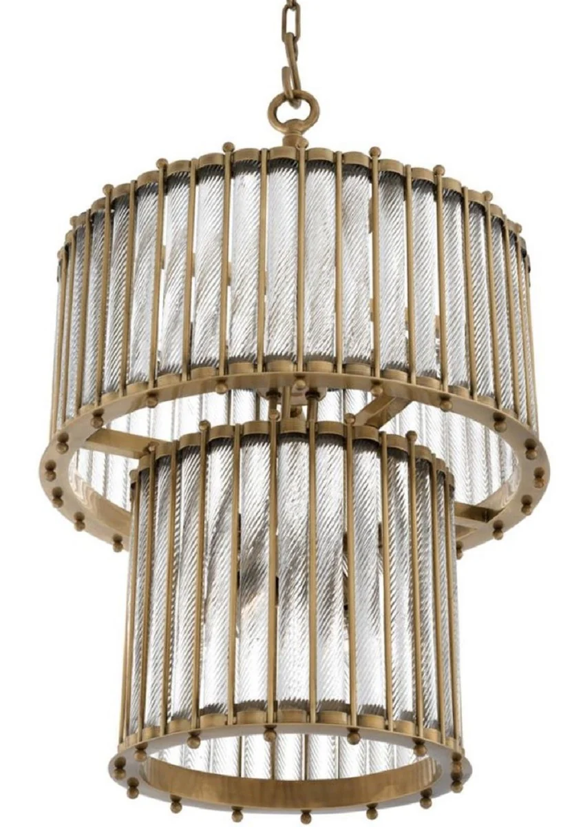 Casa Padrino lámpara colgante de lujo latón antiguo Ø 52,5 x H. 83 cm - Lámpara Colgante Redonda de Latón con Vidrio Hecho a Mano