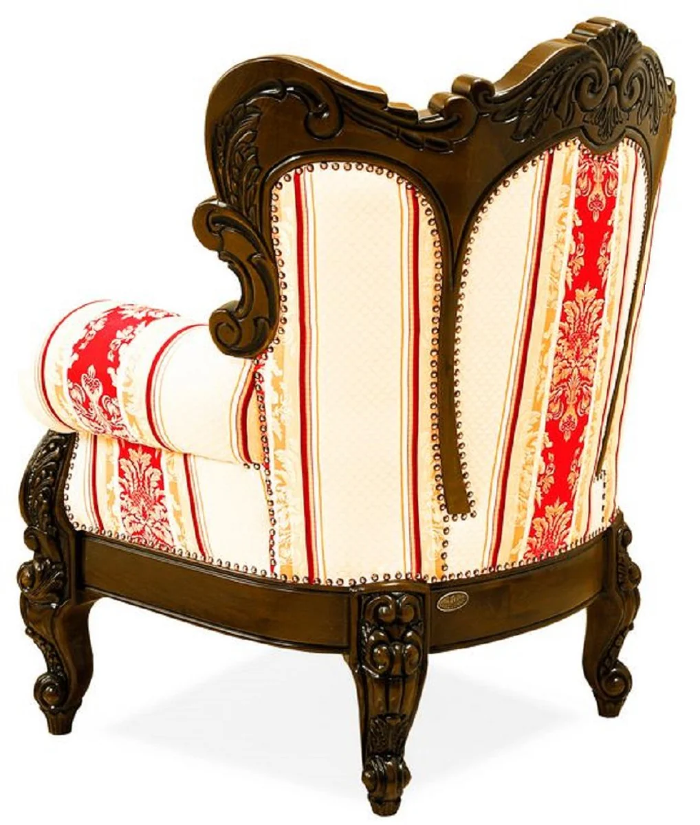 Casa Padrino conjunto de sala de estar barroco de lujo crema / amarillo / rojo / marr¨®n oscuro - 2 Sof¨¢s y 2 Sillones y 1 Mesa de Centro - Muebles de sal¨®n hechos a mano estilo barroco