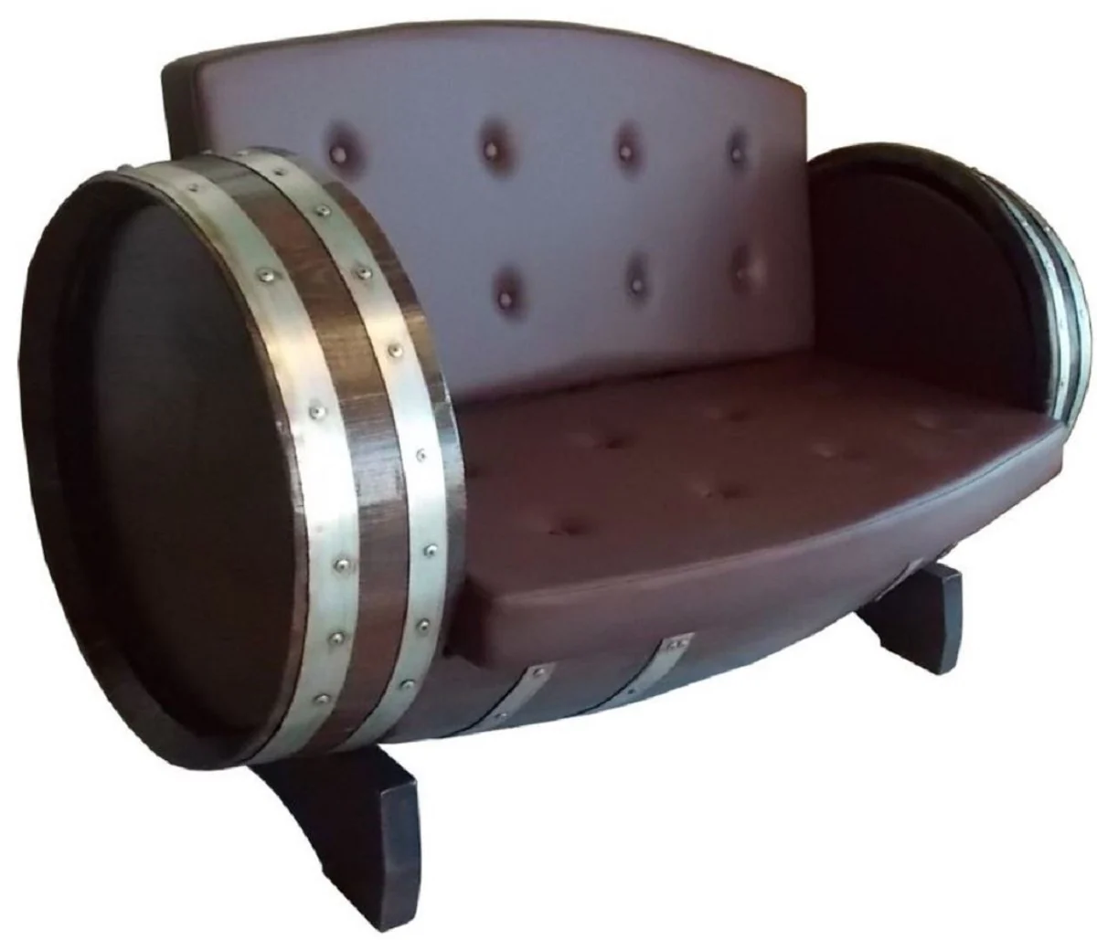 Casa Padrino sofá de barril de lujo marrón / plata 130 x 65 x A. 85 cm - Sofá de barril de vino tapizado de madera maciza - Muebles de Terrazas de Jardín de Gastronomía