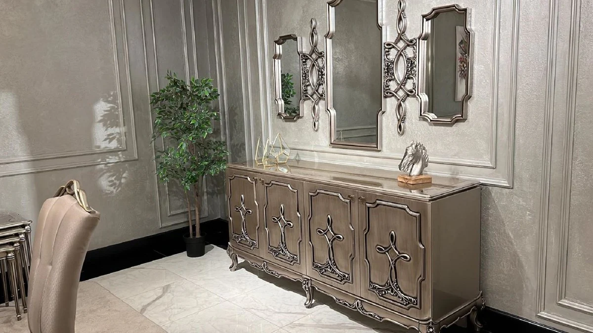 Casa Padrino aparador barroco de lujo plata - Gabinete de madera maciza de estilo barroco con 4 puertas - Muebles de comedor de lujo en estilo barroco - Muebles de comedor barrocos