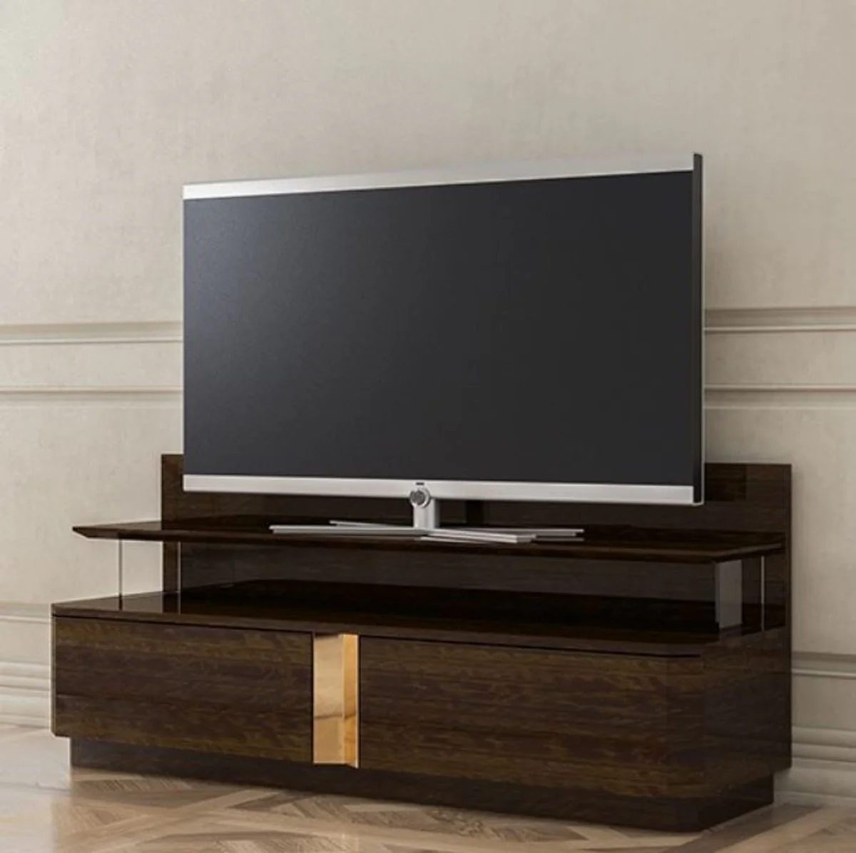 Casa Padrino gabinete de tv de sala de estar de lujo con 2 cajones marrón / oro 150 x 50 x A. 67 cm - Muebles de salón nobles - Calidad de Lujo