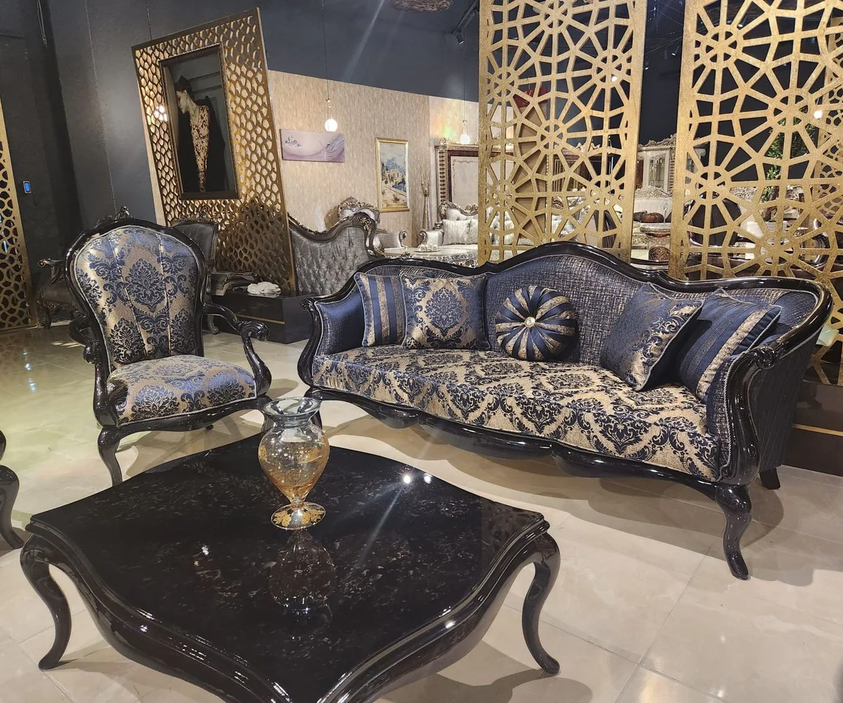 Casa Padrino sof¨¢ de sal¨®n barroco de lujo con patr¨®n oro / azul / negro - Sof¨¢ de estilo barroco hecho a mano - Muebles de sal¨®n de lujo en estilo barroco - Muebles barrocos - Noble y Magn¨ªfico