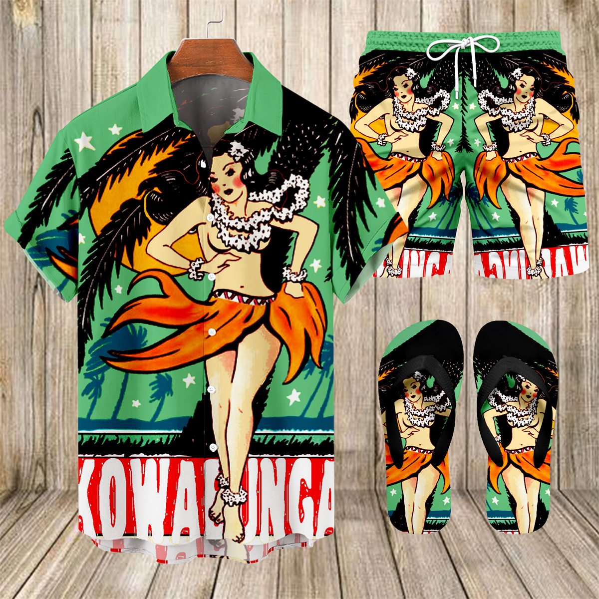 Suitmens Men's Tiki Party Hawaiian Vacation Print Three-Piece Set 028