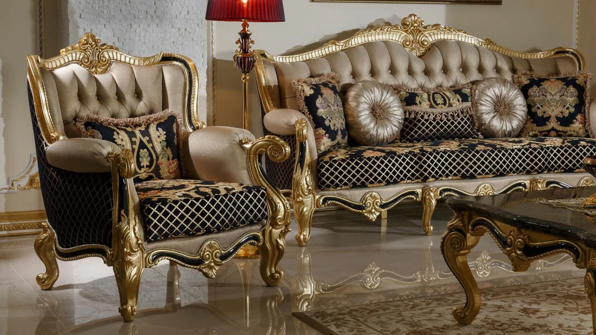 Casa Padrino sof¨¢ barroco de lujo oro / negro / multicolor / oro - Magn¨ªfico sof¨¢ de sal¨®n con patr¨®n elegante - Muebles de sal¨®n barrocos
