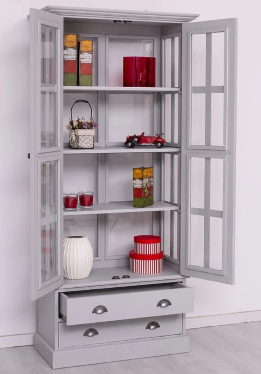 Casa Padrino vitrina de estilo campestre gris claro 91 x 47 x A. 200 cm - Vitrina de madera maciza con 2 puertas y 2 cajones - Muebles de estilo campestre - Muebles de comedor de madera maciza