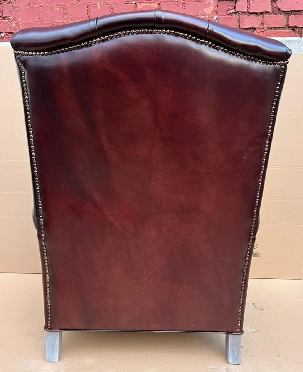 Casa Padrino sill¨®n orejero Chesterfield de lujo rojo vino / gris 90 x 90 x A. 110 cm - Sill¨®n de sal¨®n Chesterfield de cuero genuino - Muebles de Sal¨®n Chesterfield de Lujo