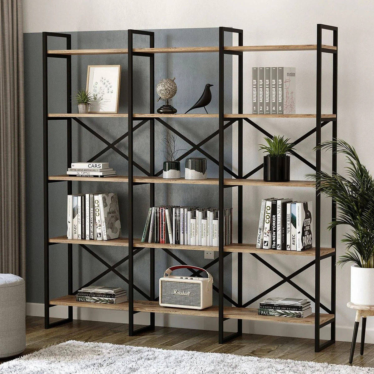 Casa Padrino armario estante de lujo con estantes de madera maciza negro / natural 170 x 30 x A. 175 cm - Armario de libros - Armario de sal¨®n - Muebles de sal¨®n - Muebles de oficina de lujo