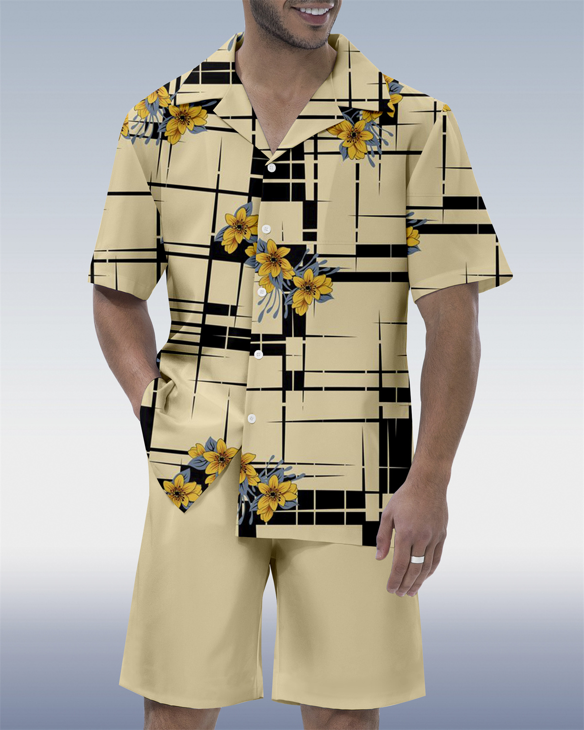 Men's Vacation Bowling Cuban Collar Short Sleeve Shirt Set 058