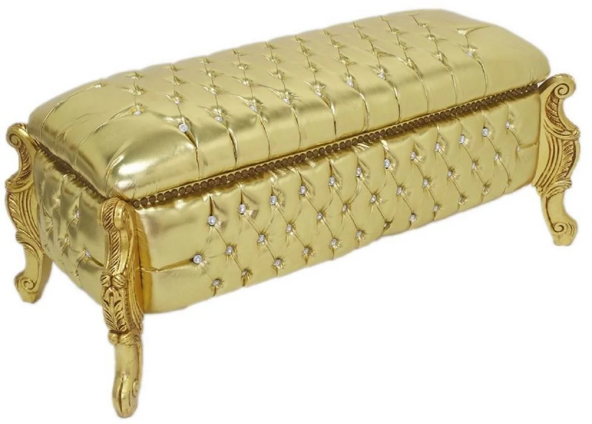Casa Padrino banco barroco / pecho aspecto cuero oro / oro - Banco tapizado de madera maciza con pedrería - Muebles de estilo barroco