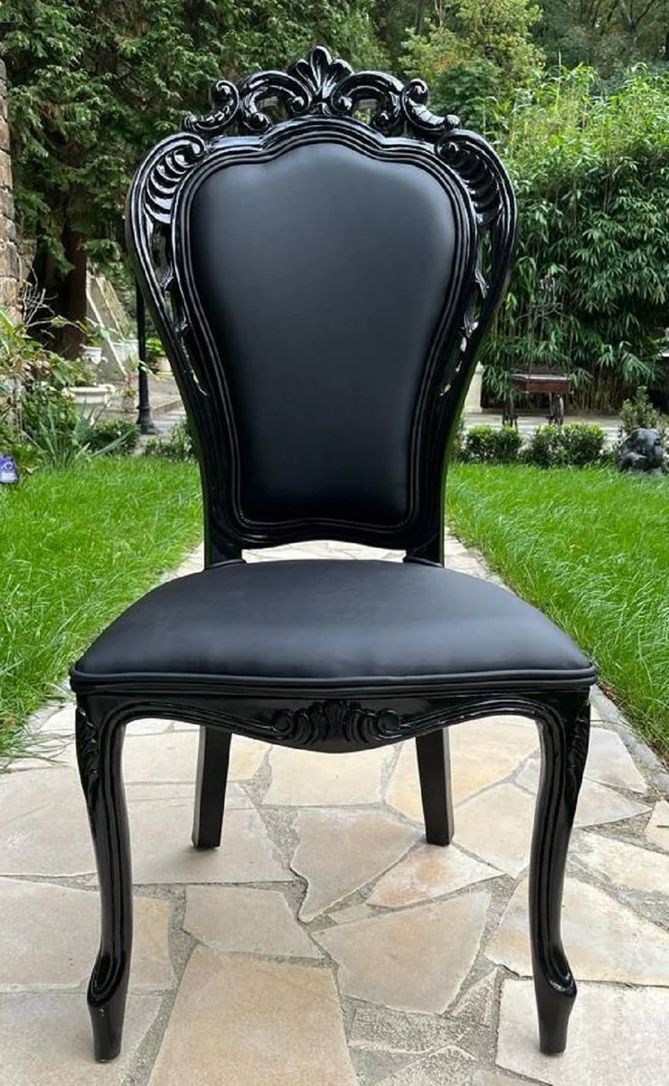 Casa Padrino silla de comedor barroco de lujo negro - Silla de estilo antiguo hecha a mano con cuero artificial fino - Magn¨ªficos muebles de comedor de estilo barroco
