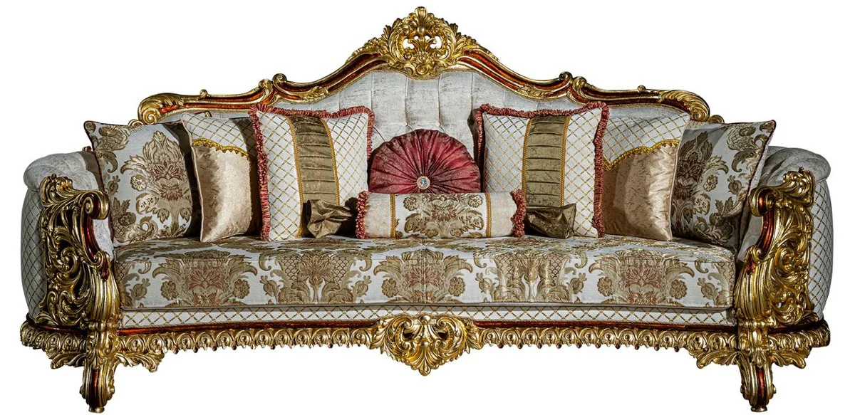Casa Padrino sof¨¢ barroco de lujo gris / rojo / oro 270 x 105 x A. 128 cm - Sof¨¢ de la sala con cojines decorativas - Noble y Magn¨ªfica
