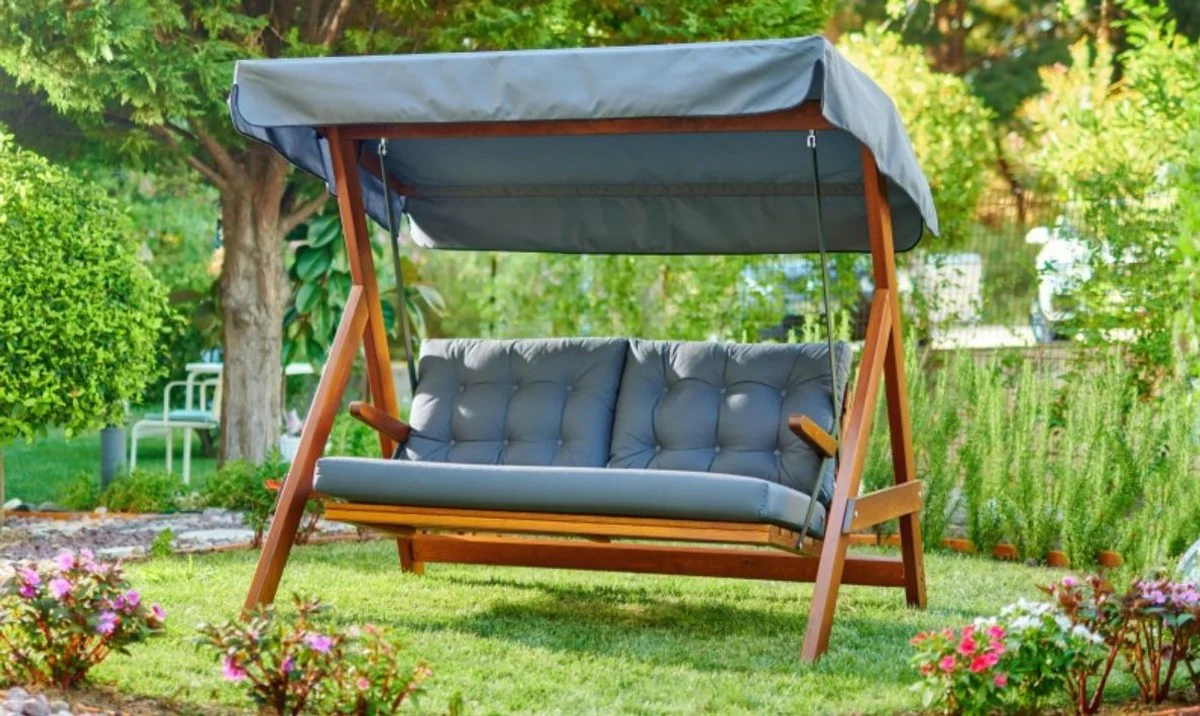 Casa Padrino columpio de Hollywood de lujo azul / marr¨®n - Columpio de jard¨ªn con toldo para el sol - Muebles de Lujo - Muebles de Jard¨ªn - Interiores de jard¨ªn de lujo