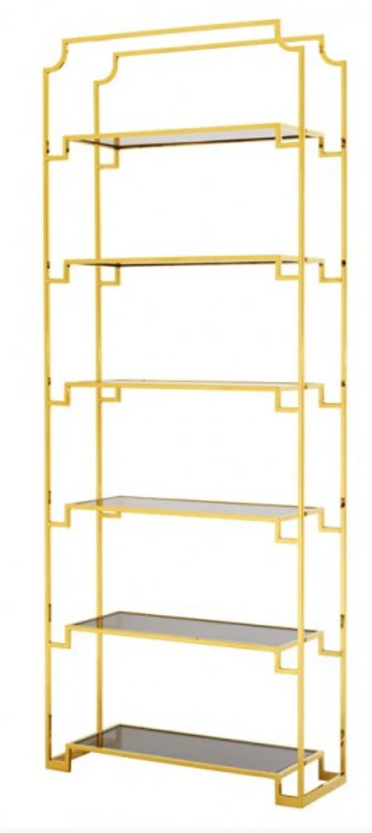 Casa Padrino luxury Shelving cabinet stainless steel gold with smoked glass W 90 x H 230 cm bookcase shelving cabinet - Art Deco Furniture