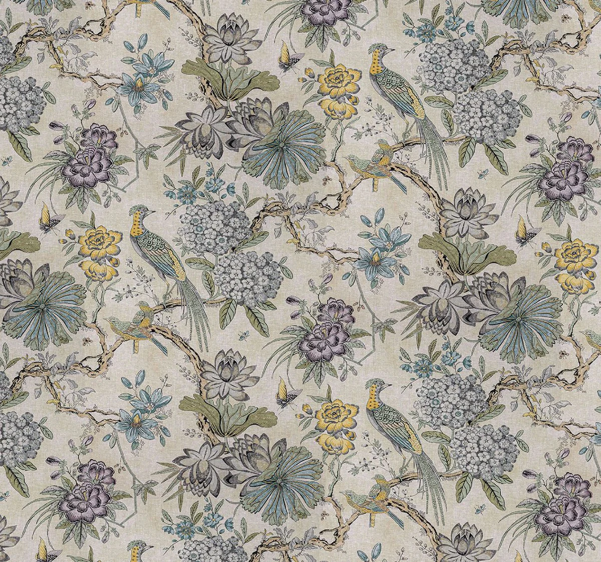 Casa Padrino conjunto de cortinas de lujo flores y pájaros beige claro / multicolor 250 x A. 290 cm - Cortinas de lino y terciopelo estampadas - Cortinas de ojales - Cortinas correderas