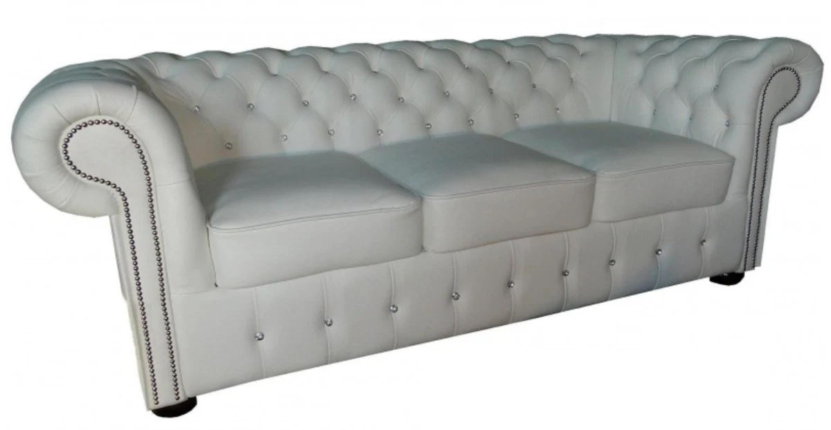 Casa Padrino Chesterfield sof¨¢ de 3 plazas de cuero genuino en blanco con piedras brillantes 200 x 90 x H. 78 cm - Muebles de Lujo
