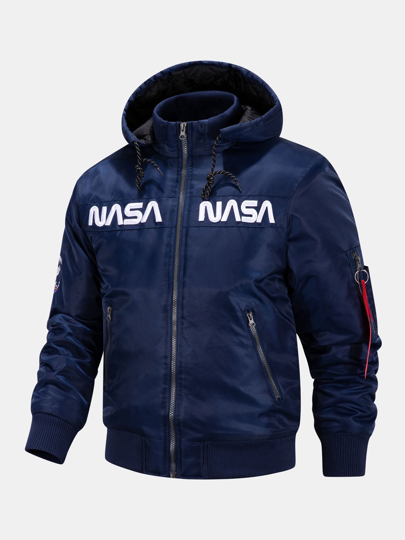 NASA Embroidery Quilted Lined Detachable Hooded Bomber Jacket