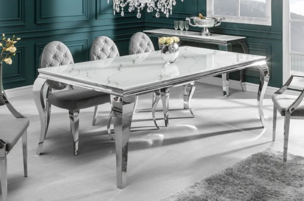 Casa Padrino mesa de comedor de dise?o blanco / gris / plata 200 x 105 x A. 75 cm - Mesa de cocina de acero inoxidable con vidrio de seguridad impreso digitalmente en aspecto m¨¢rmol - Muebles barrocos modernos