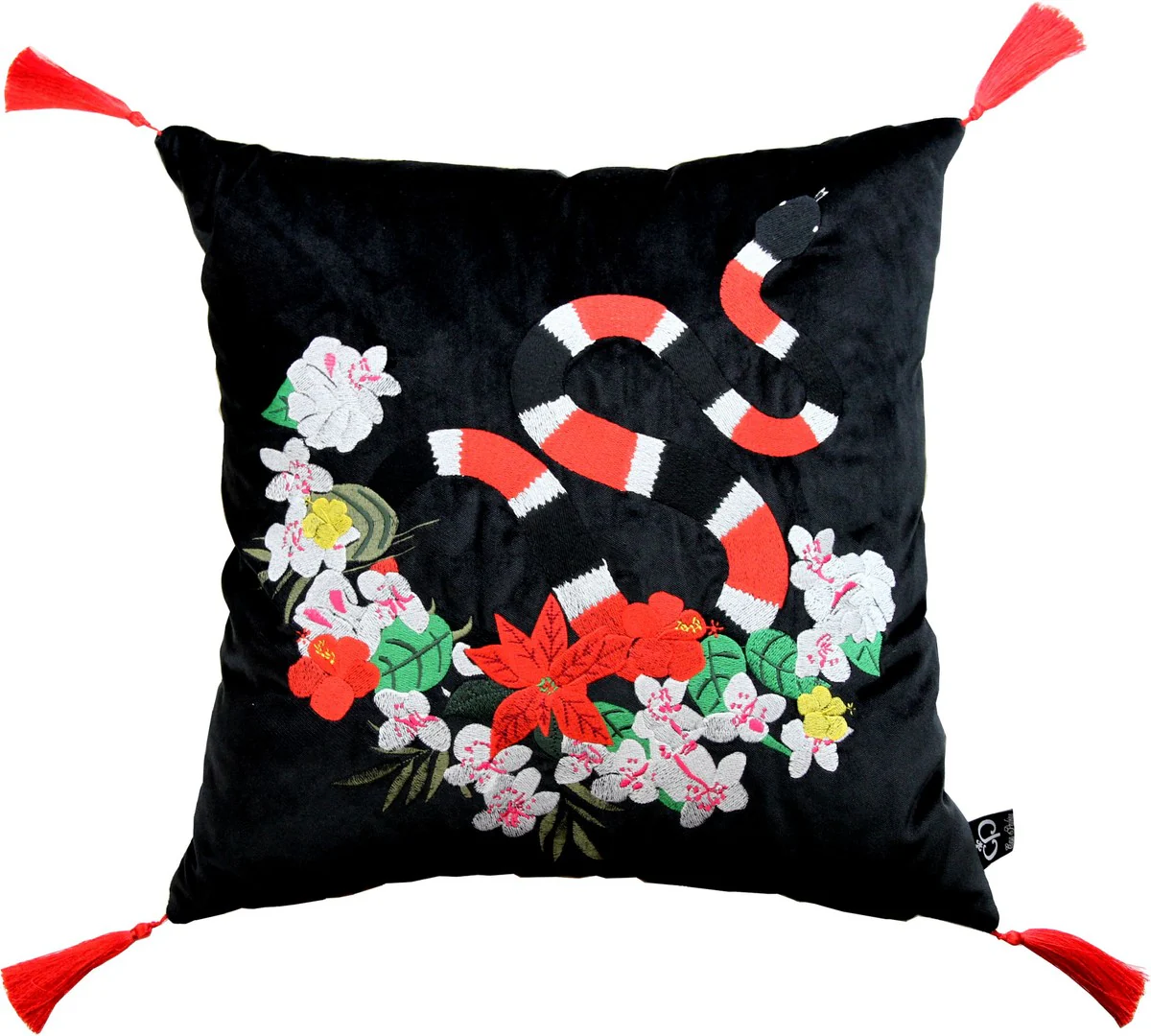 Casa Padrino almohada de lujo con borlas serpiente negro / multicolor 45 x 45 cm - Tejido de Terciopelo Más Fino - Calidad de Lujo