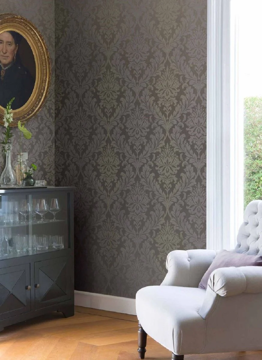 Casa Padrino papel pintado textil barroco gris / verde / púrpura 10,05 x 0,53 m - Papel Pintado para Sala de Estar - Accesorios Deco en Estilo Barroco