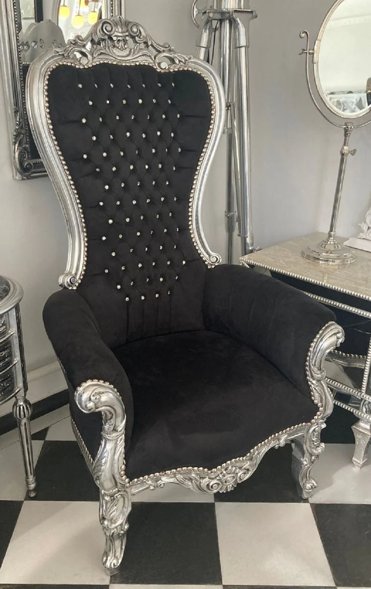 Casa Padrino sill¨®n de trono barroco con tela de terciopelo fino y pedrer¨ªa negro / plata - Sill¨®n real de estilo barroco - sill¨®n de boda barroco - sill¨®n gigante barroco - Muebles barrocos