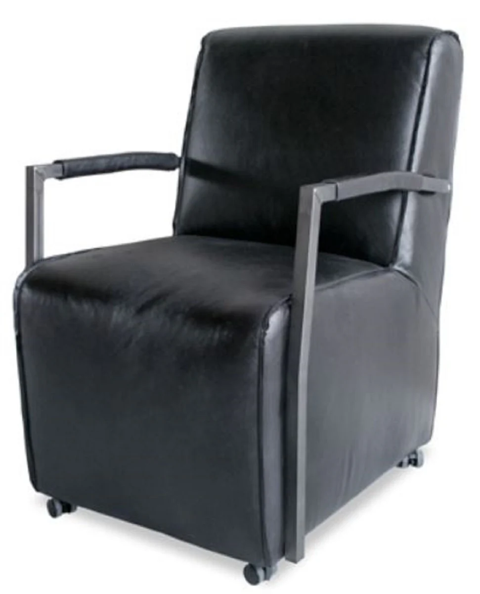 Casa Padrino sill¨®n de b¨²falo de sal¨®n de lujo con ruedas negro / plata 59 x 69 x H. 93 cm - Muebles de Cuero Genuino