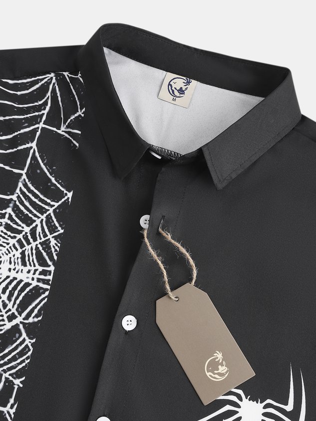 Mens Halloween Spider Print Front Buttons Soft Breathable Casual Hawaiian Shirt
