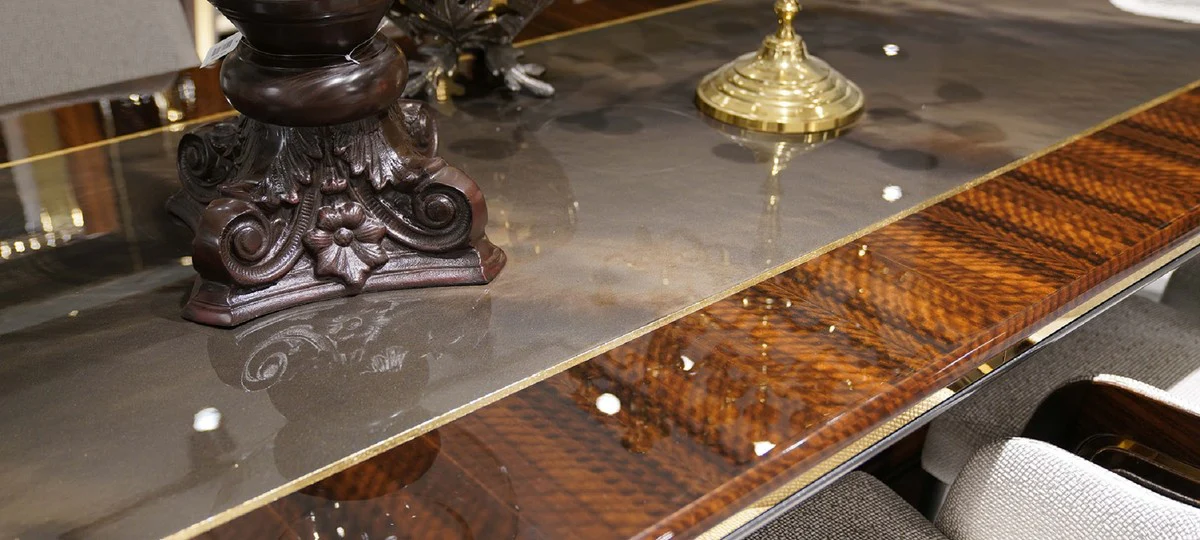 Casa Padrino Conjunto de Comedor de Lujo Gris / Marr¨®n / Oro - 1 Mesa de Comedor & 10 Sillas de Comedor - Muebles de Comedor de Lujo - Calidad de Lujo