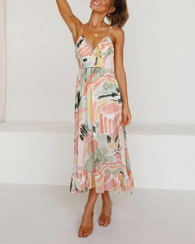 Women's V-neck Tie Tropical Print Dress