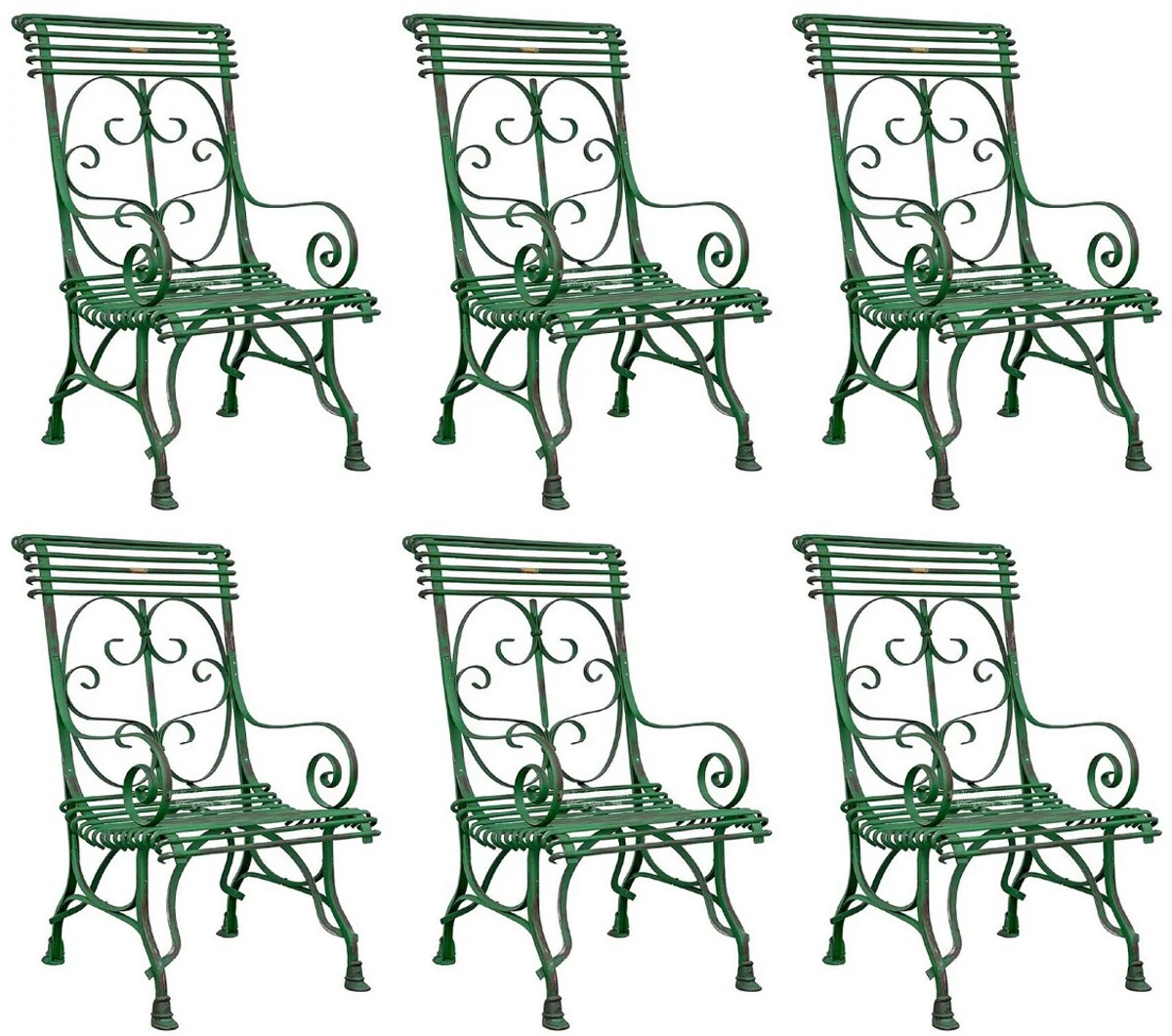 Casa Padrino conjunto de 6 sillas de jardín Art Nouveau verde antiguo 64 x 66 x A. 114 cm - Sillas de hierro forjado hechas a mano con reposabrazos - Muebles de jardín y patio nostálgicos