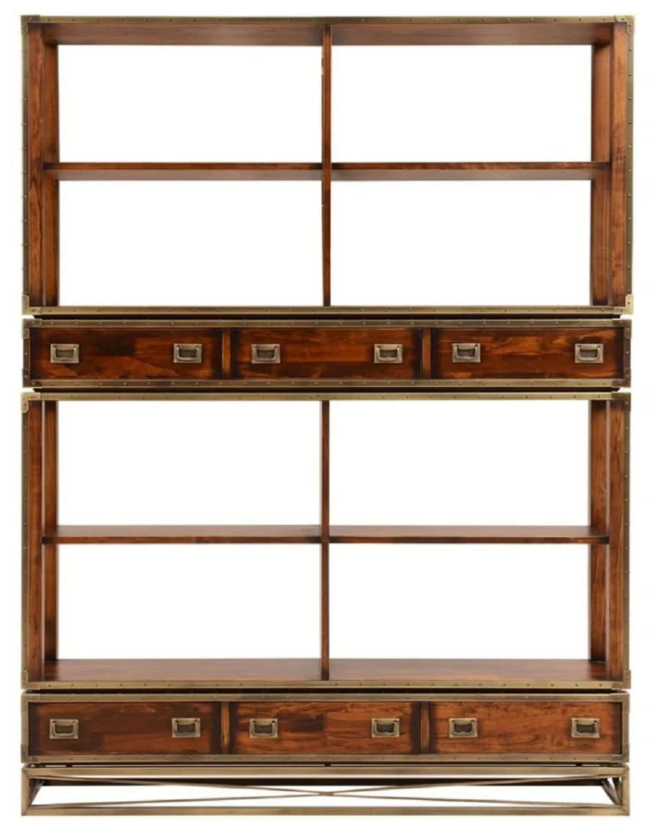 Casa Padrino armario estante de estilo vintage de lujo marrón / latón 152 x 35 x A. 200,5 cm - Armario de libros de estilo vintage con 6 cajones - Muebles de salón de lujo en estilo vintage