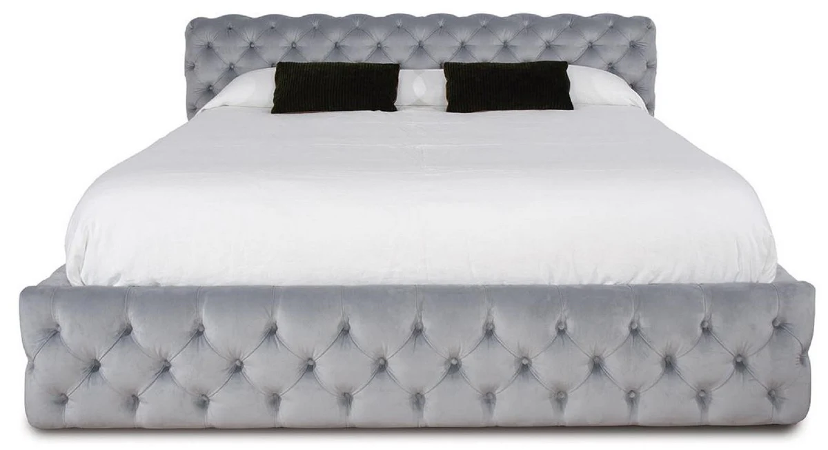 Casa Padrino cama doble Chesterfield de lujo gris 212 x 236 x A. 98 cm - Cama de madera maciza con cabecero - Muebles de dormitorio - Muebles de lujo - Muebles Chesterfield
