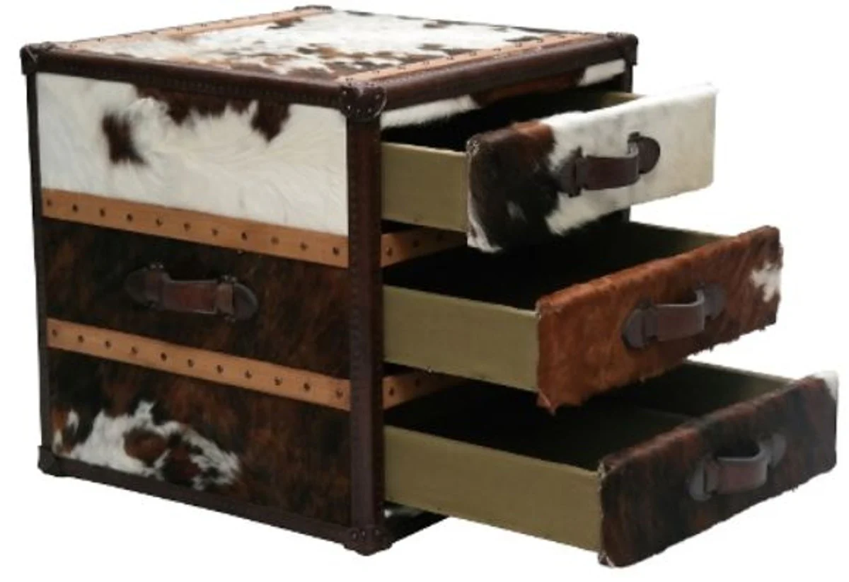 Casa Padrino luxury side table with 3 drawers brown / white 63 x 60 x H. 67 cm - Handmade Side Table in Suitcase Look