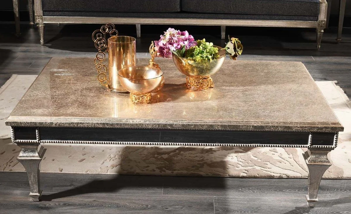 Casa Padrino mesa de centro barroco de lujo plata antigua 140 x 90 x A. 45 cm - Mesa de sal¨®n noble de madera maciza con vidrio espejo - Calidad de Lujo