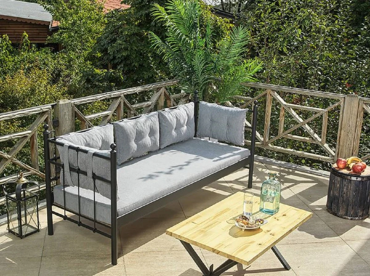 Casa Padrino sofá de jardín Art Nouveau negro / gris claro 200 x 70 x A. 92 cm - Sofá de Jardín - Sofá de Terraza - Muebles de Jardín y Terraza