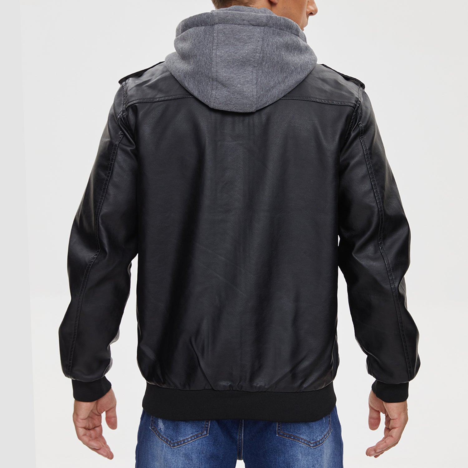 Men's PU Faux Leather Jacket Bomber Jacket with Removable Hood Motorcycle Jacket
