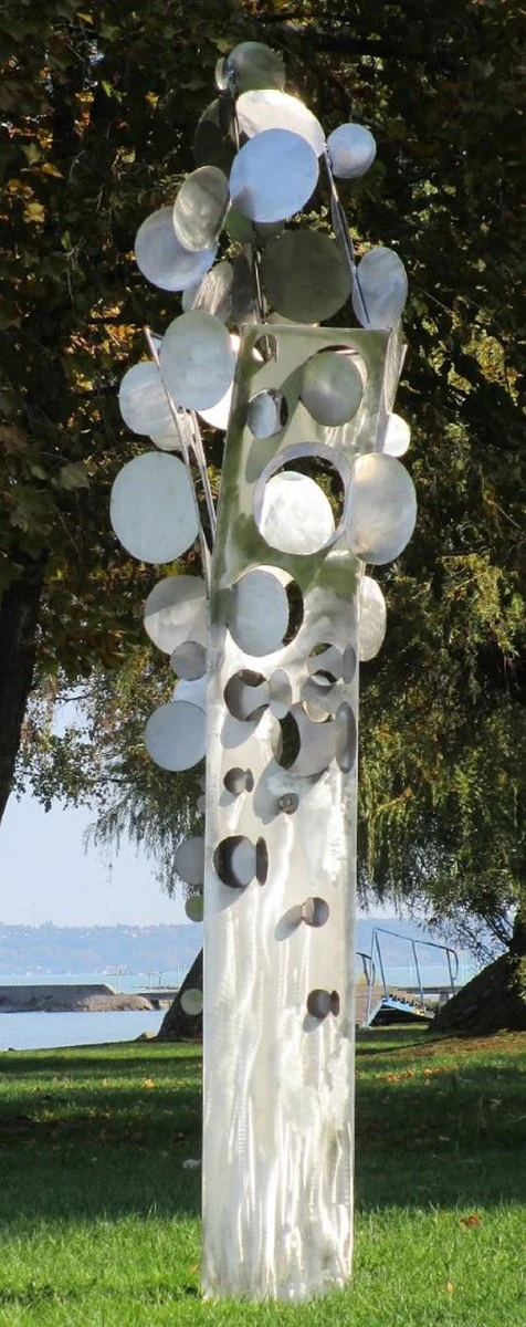 Casa Padrino escultura de jardín de acero inoxidable de diseño Árbol de monedas plata 75 x 70 x A. 260 cm - Decoración de jardín hecha a mano resistente a la intemperie