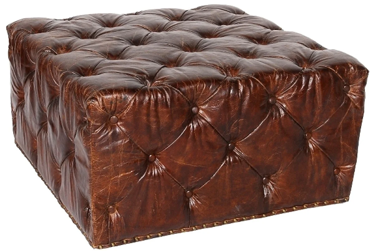 Casa Padrino Chesterfield Genuine Leather Footstool Dark Brown 80 x 80 x H. 42 cm - Luxury Quality