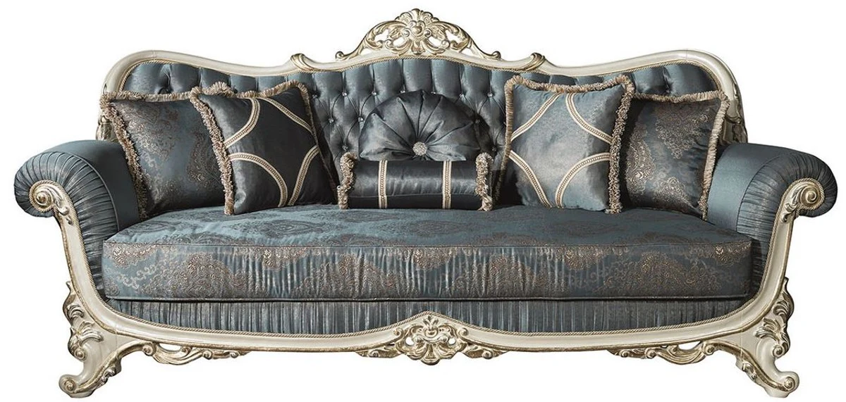 Casa Padrino sof¨¢ de sal¨®n barroco de lujo con pedrer¨ªa y almohadas decorativas azul / crema / oro 240 x 95 x A. 105 cm - Sof¨¢ Noble de Estilo Barroco