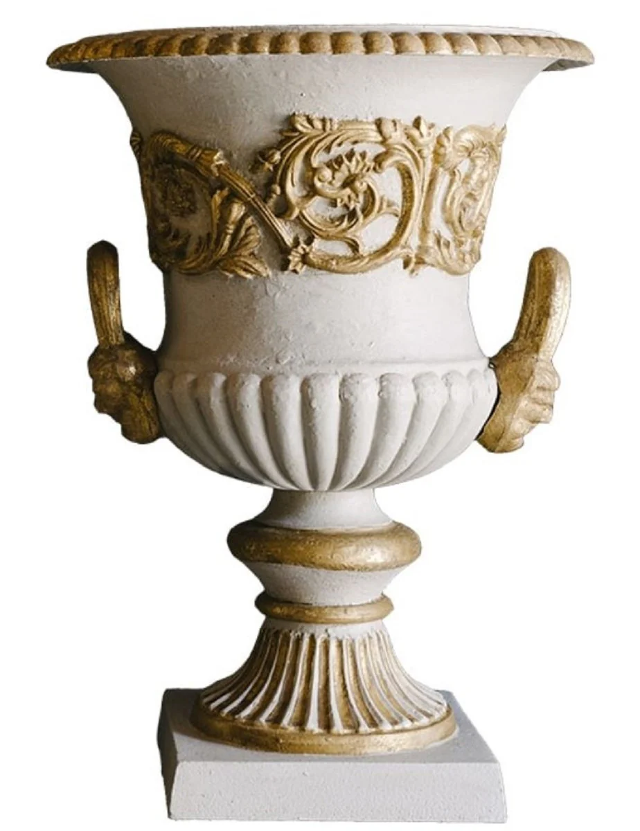 Casa Padrino jarrón barroco de hierro fundido con pedestal gris / oro Ø 35 x H. 49 cm - Magnífica Decoración de Jardín en Estilo Barroco