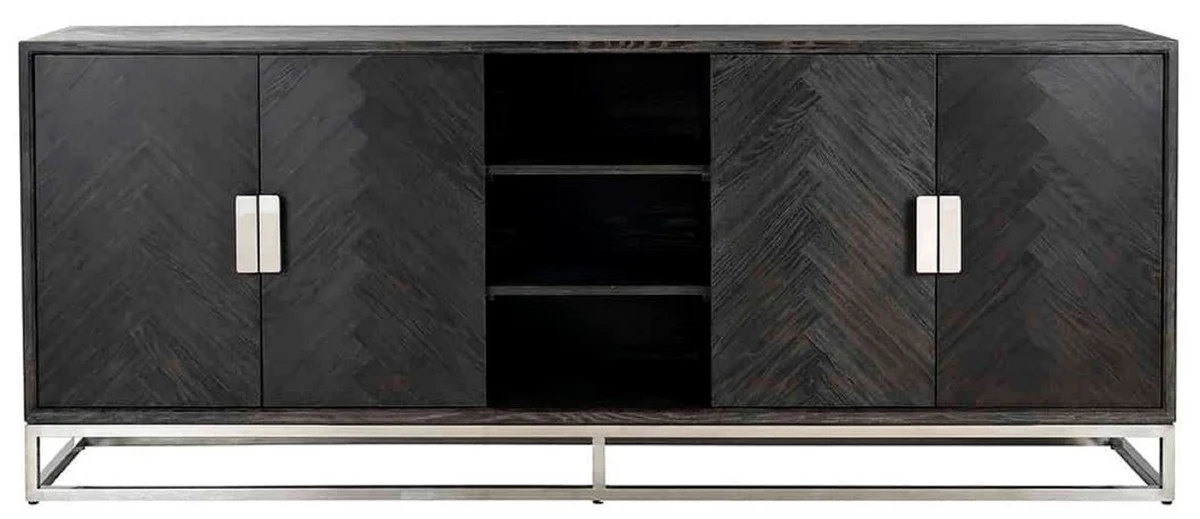 Casa Padrino aparador de lujo negro / plata 225 x 45 x A. 90 cm - Mueble de madera maciza con 4 puertas - Muebles de salón - Muebles de hotel - Colección de Lujo