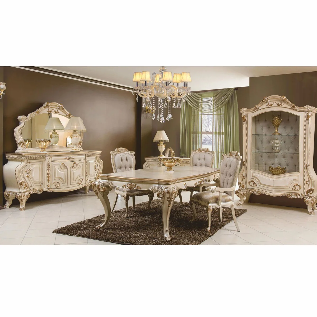 Casa Padrino conjunto de comedor barroco de lujo gris / crema / oro - Muebles de comedor barrocos