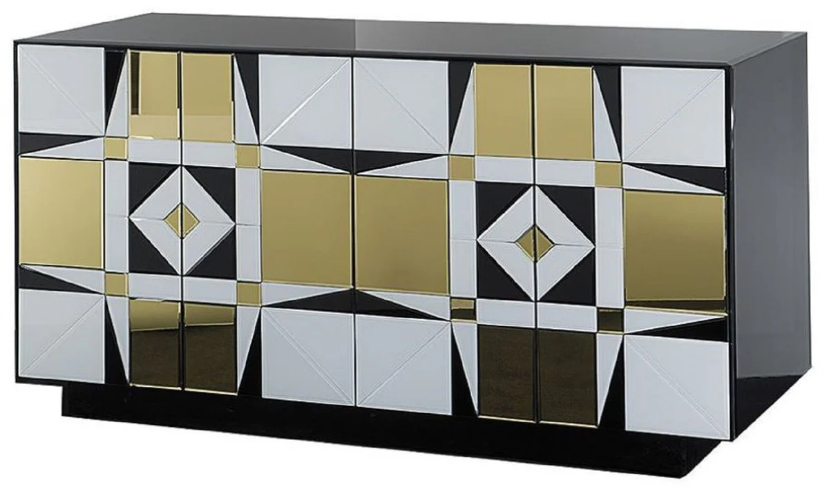 Casa Padrino aparador de lujo negro / blanco / oro 140 x 45 x A. 80 cm - Armario de madera maciza con 4 puertas espejadas - Muebles de Lujo