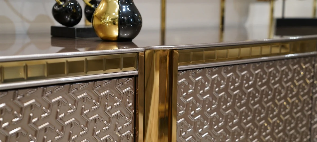 Casa Padrino conjunto de TV de lujo gris / oro - Aparador de sal¨®n de madera maciza con pared trasera para TV - Muebles de lujo - Muebles de sal¨®n