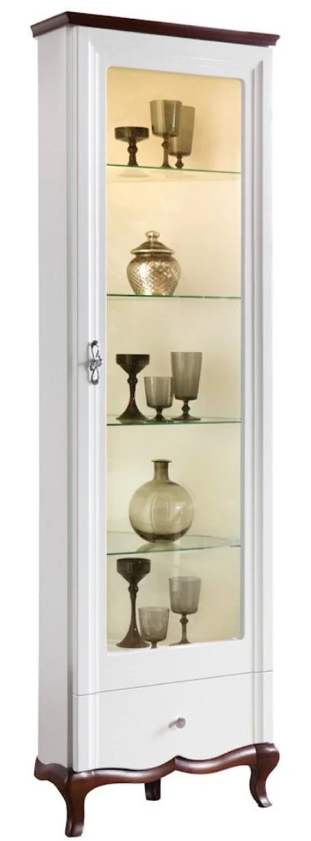 Casa Padrino Vitrina Art Deco de Lujo Blanco / Marrón Oscuro 64 x 52,1 x H. 209,5 cm - Gabinete Iluminado para Sala de Estar con Puerta de Vidrio y Cajón - Mobiliario de Sala de Estar