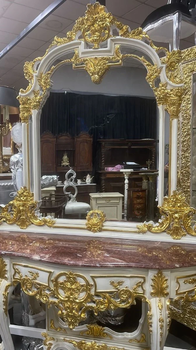 Casa Padrino consola de espejo barroco con tapa de m¨¢rmol blanco / oro / marr¨®n - Consola estilo barroco con espejo - Muebles de armario estilo barroco - Muebles barrocos - Muebles estilo antiguo